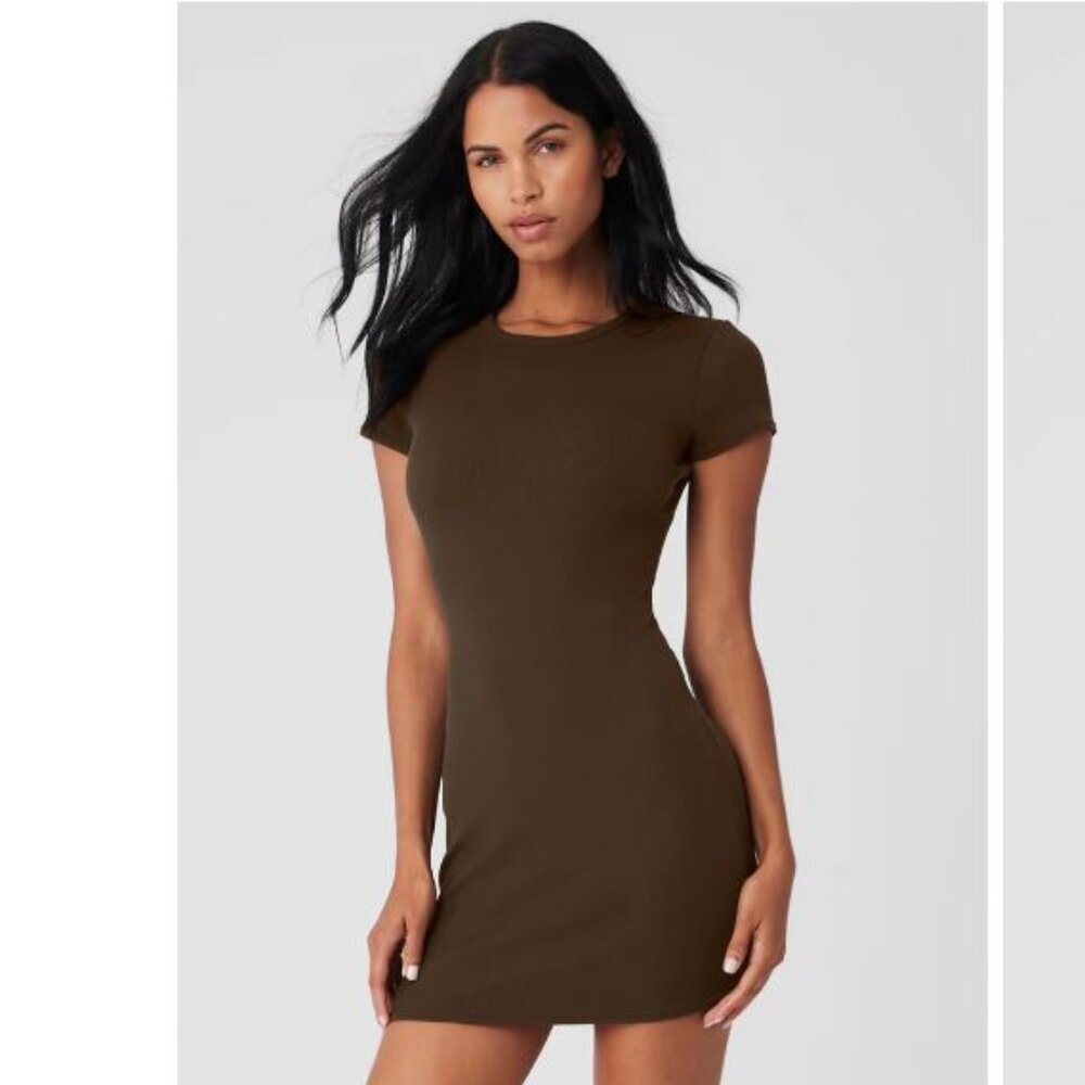 ALO Yoga Goddess Ribbed Short Sleeve Dress - Espresso - XS